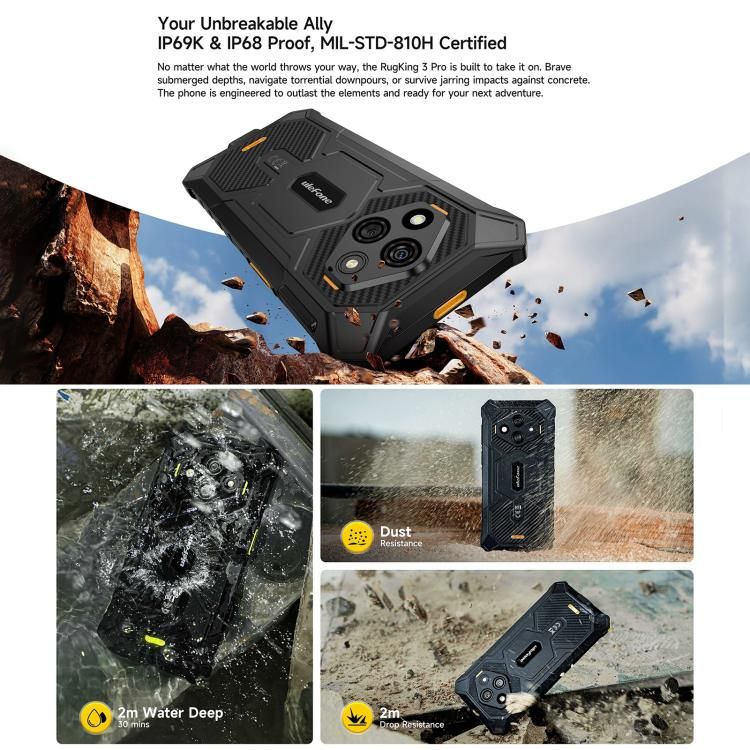 Ulefone Ulefone RugKing 3 Pro, 8 GB + 128 GB, robustes Smartphone (IP68/IP69K), 6,56 Zoll, Android 15, Unisoc T7250 Octa-Core-Prozessor, Netzwerk: 4G, NFC, OTG, RugKing 3 Pro, 8GB+128GB Elektroniktrade Switzerland