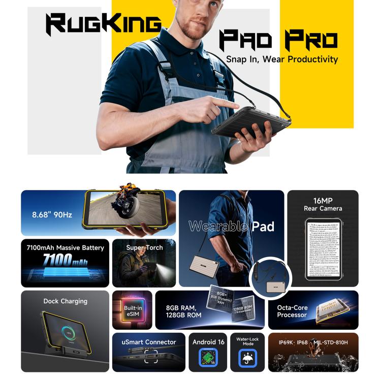 Ulefone Ulefone Rugking Pad Pro Robustes Tablet-PC, 8 GB + 128 GB, 8,68 Zoll, Android 16, Unisoc T7250 Octa-Core-Prozessor, 4G-Netzwerk, EU-Stecker elektroniktrade Switzerland