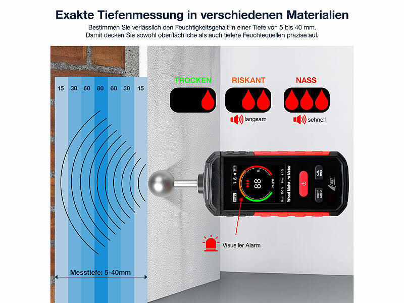 Akku-Feuchtigkeits-Messgerät, nichtinvasive Messung, Farb-LCD, 5-40 mm