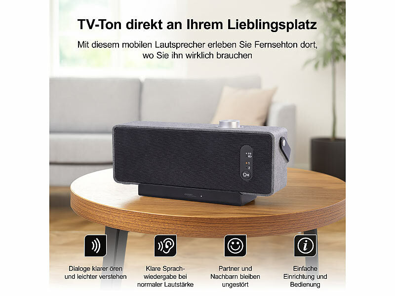 Mobiler TV-Lautsprecher, digitale Funk-Übertragung, 2 Hörprofile, Akku