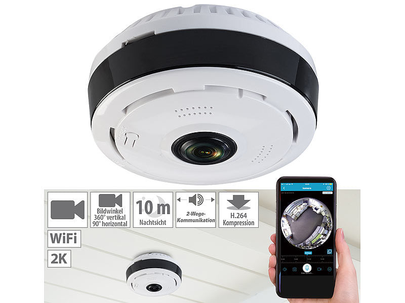 360°-Panorama-Überwachungskamera mit 2K, Nachtsicht, WLAN & App Tuya