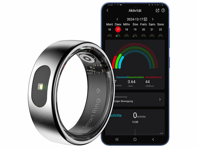 Fitnesstracker-Ring, Touch-Bedienung, Herzfrequenz, SpO2, 5 ATM, Gr.57