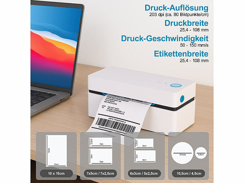 Versandetiketten-Thermodrucker für 100 x 150 mm, 203 dpi, USB, BT, App (CH-Version)