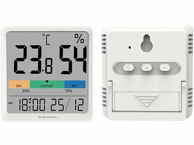 Thermo- und Hygrometer mit farbiger Komfort-Anzeige, Uhrzeit & Wecker