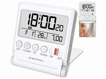 Wecker: PEARL Kompakter Reise-Funkwecker mit Thermometer und Datum, klappbar erhältlich auf eMall