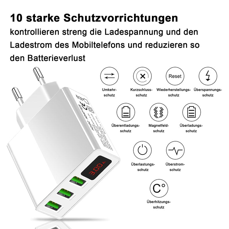 Multi USB Port Ladegerät 3-fach 5 V, 3 A m. LED Display, EU Netzteil weiß Eaxus
