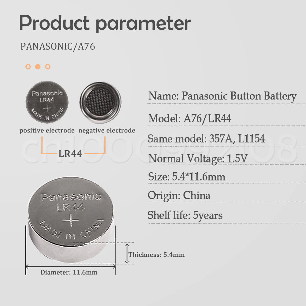 Panasonic LR44 LR 44 A76 AG13 1,5 V Knopfzelle 10er Set oder einzeln.