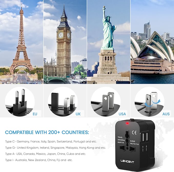 LENCENT Reiseadapter Weltreise Reisestecker für 150+ Länder mit 2 USB Ports