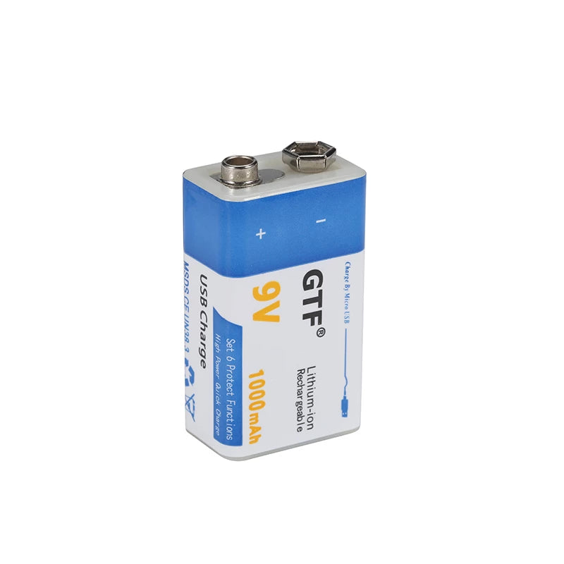 9V 1000mAh li-Ion Akku Batterie mit MicroUSB/USB-C Auflade Funktion