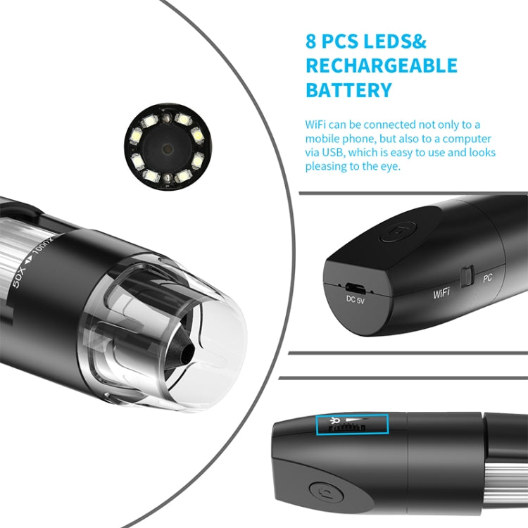 50-1000X Einstellbares Smart Wifi USB Digitalmikroskop (schwarz)