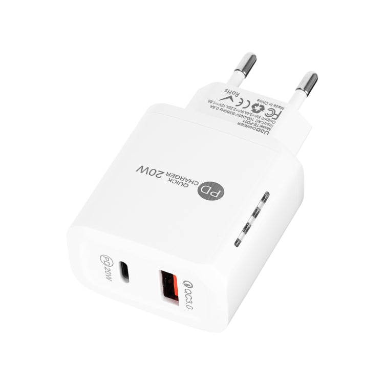 PD 20W + QC3.0 USB Dual Ports Schnellladegerät mit Kontrollleuchte, EU-Stecker (weiß) | #Elektroniktrade.ch#