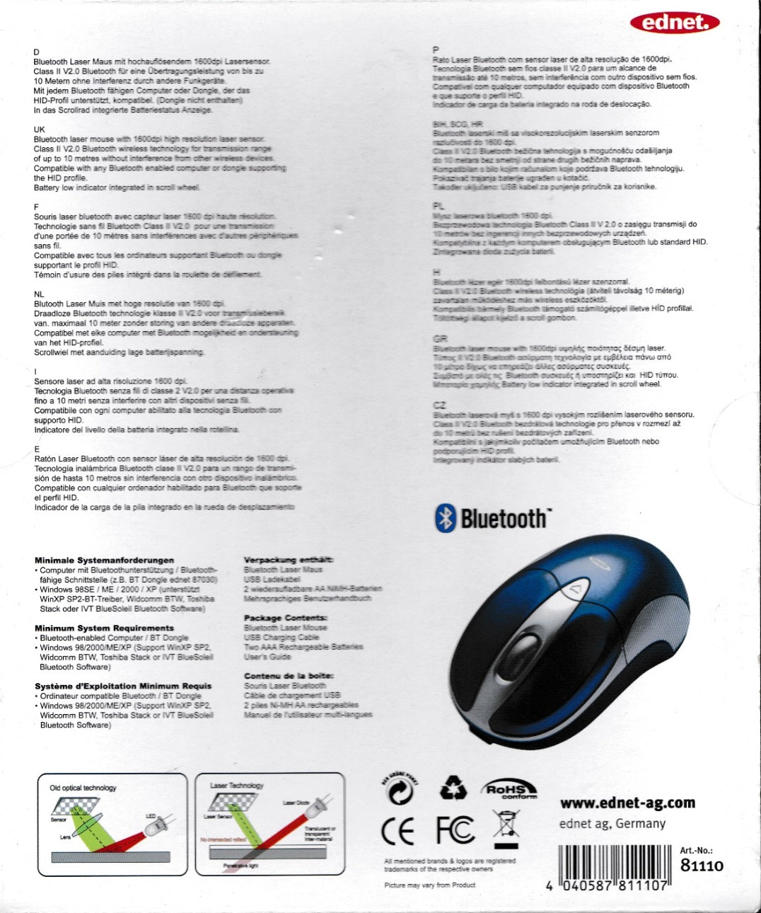 Ednet Maus Bluetooth Wireless 1600dpi, Laser