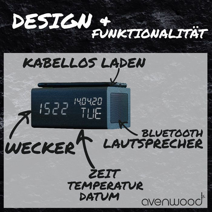 Avenwood Stylische Holz Wecker mit induktiv Ladegeräte & Lautsprecher von Avenwood elektroniktrade Switzerland