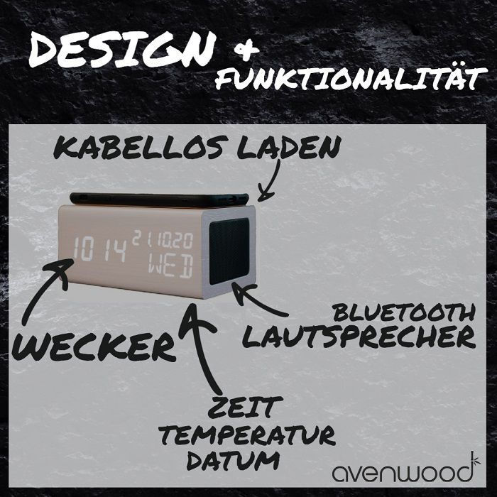 Avenwood Stylische Holz Wecker mit induktiv Ladegeräte & Lautsprecher von Avenwood elektroniktrade Switzerland