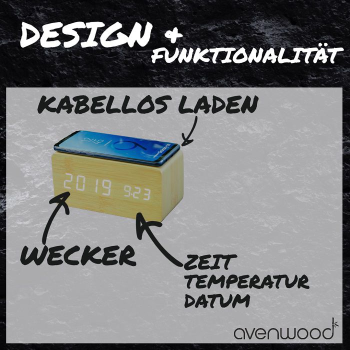 Avenwood Stylische Holz Wecker mit induktiv Ladegeräte & Lautsprecher von Avenwood elektroniktrade Switzerland