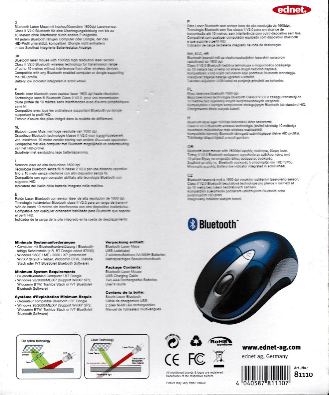 Ednet Ednet Maus Bluetooth Wireless 1600dpi, Laser Elektroniktrade Switzerland