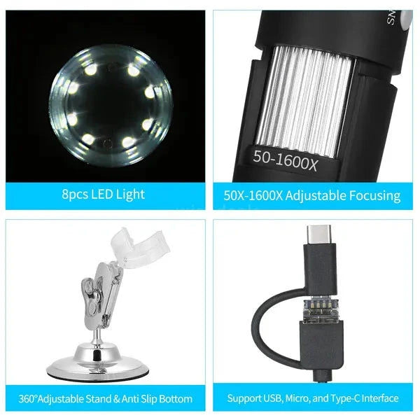 Elektroniktrade 1600X Tragbares 8-LED-Lichtlupe USB-Handmikroskop Elektroniktrade Switzerland
