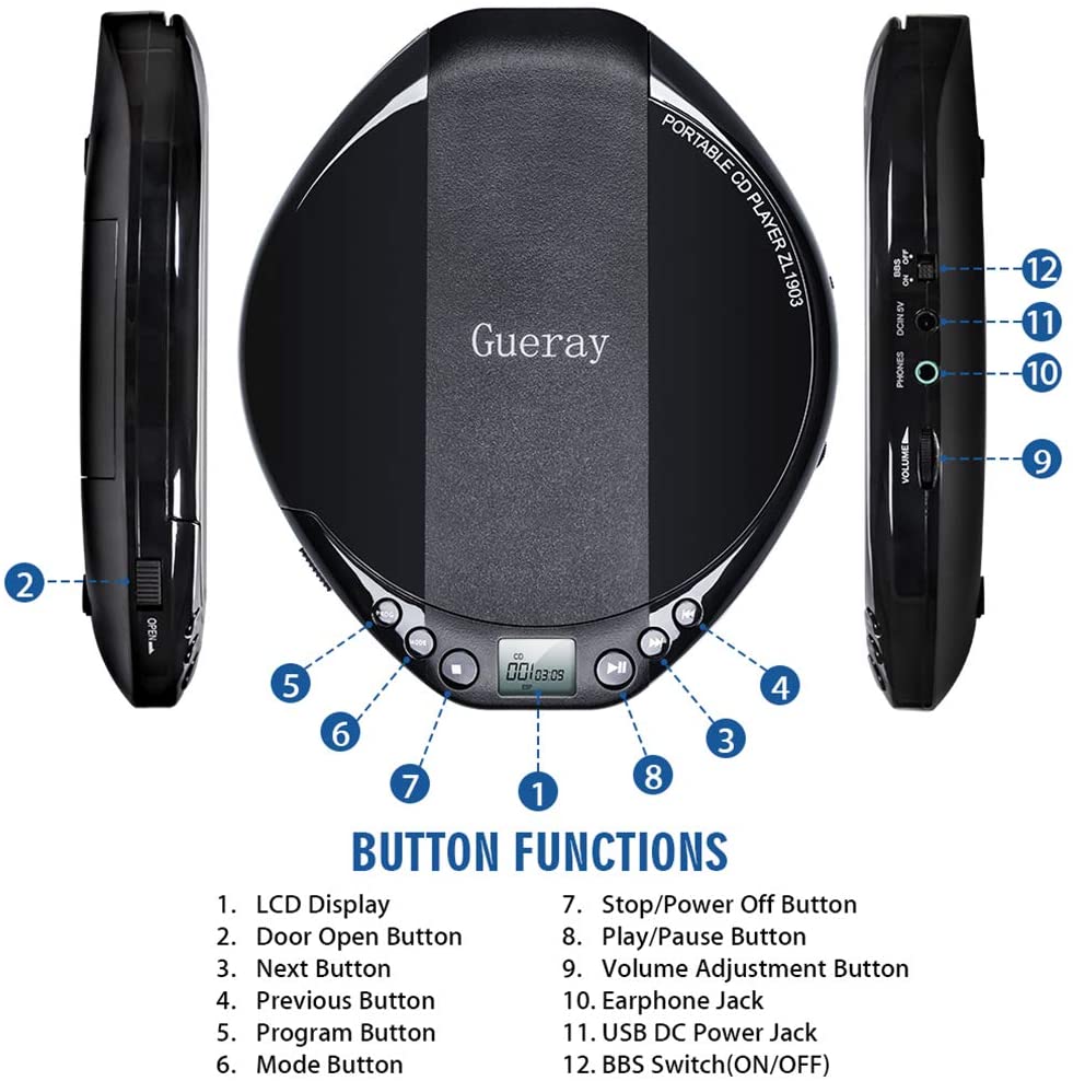 GUERAY Gueray Tragbarer CD Player mit HiFi-verlustfreie Klangqualität Elektroniktrade Switzerland